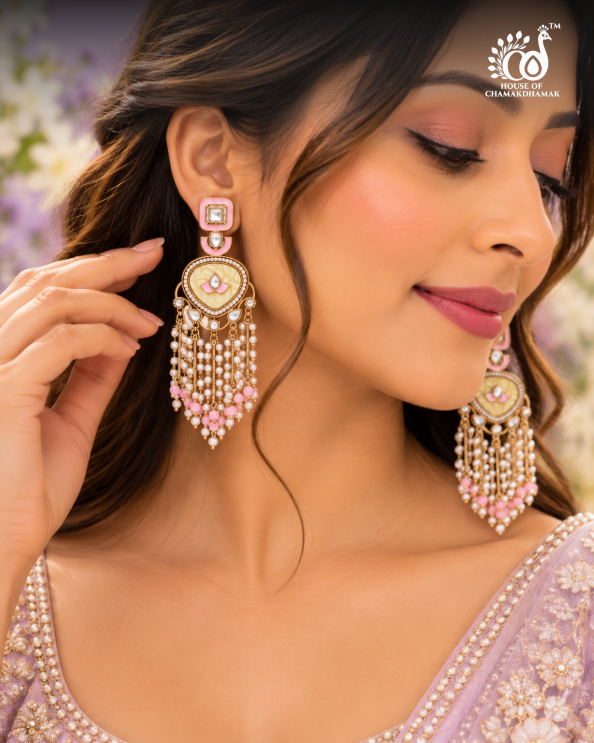 Marble-Finish Kundan Tassel Earrings with Pearl Fringe