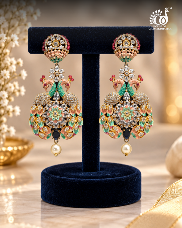 Twin Peacock Floral Drop Earrings with Kundan Work and Pearl Drop