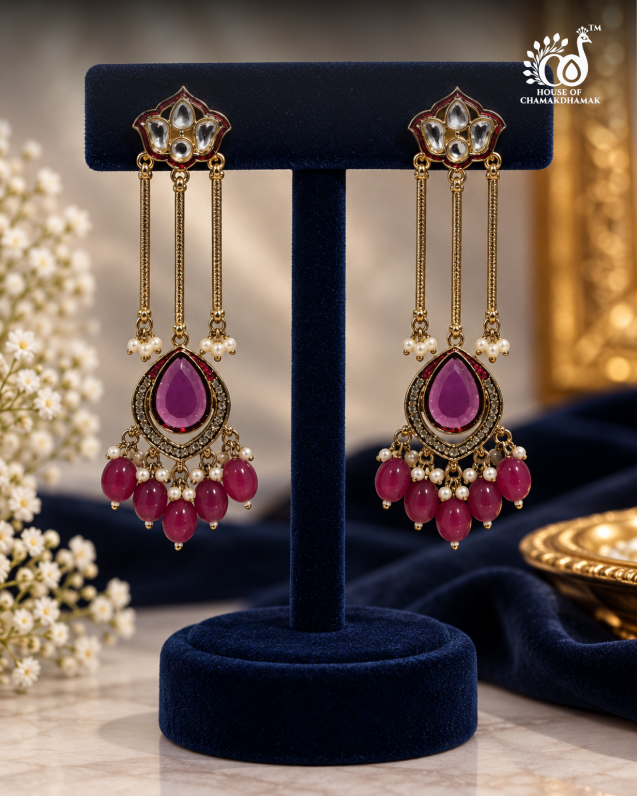 Kundan Chain Drop Earrings with Bead Fringe