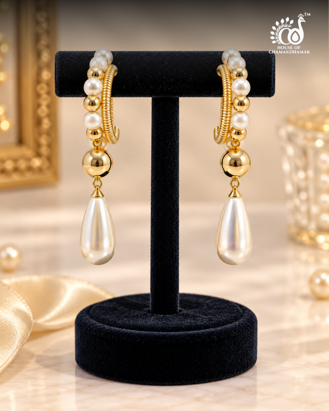 Pearl Hoop Earrings with Teardrop Drop