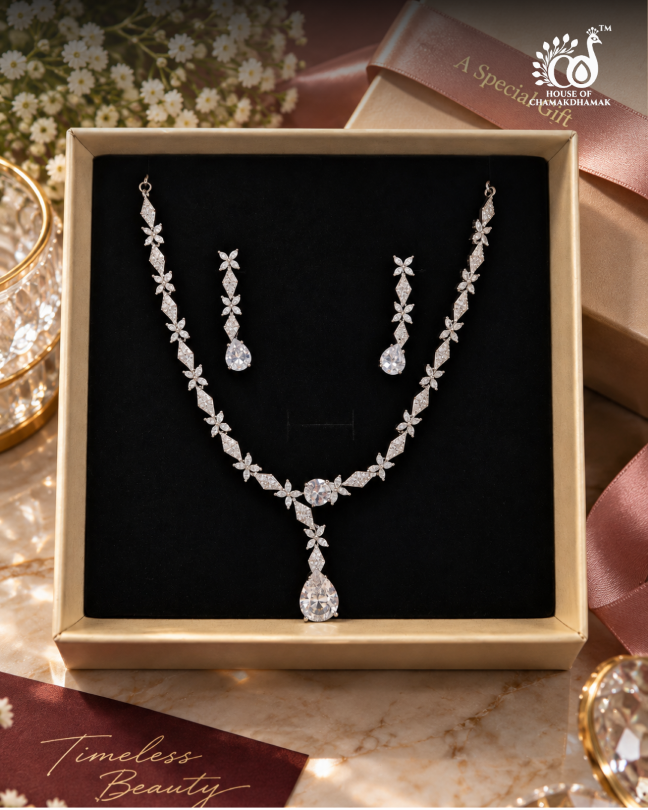 Floral AD Necklace Set with Teardrop Pendant — Silver Tone
