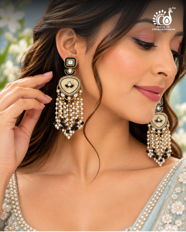 Marble-Finish Kundan Tassel Earrings with Pearl Fringe