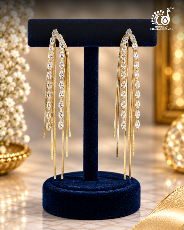 Long Fringe Tassel Earrings with Marquise Stone Detailing