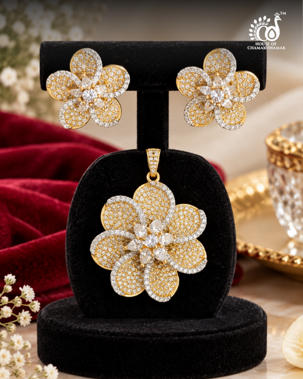 Floral AD Pendant Set with Matching Stud Earrings — Two-Tone