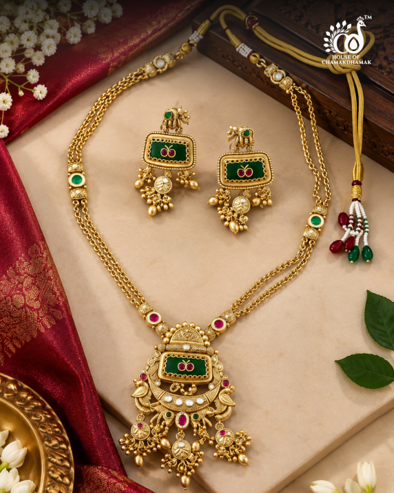Antique Gold Temple Jewellery Necklace Set with Meenakari Work
