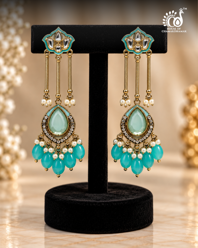 Kundan Chain Drop Earrings with Bead Fringe