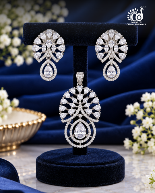 Sunrise AD Pendant Set and Matching Earrings — Silver Tone