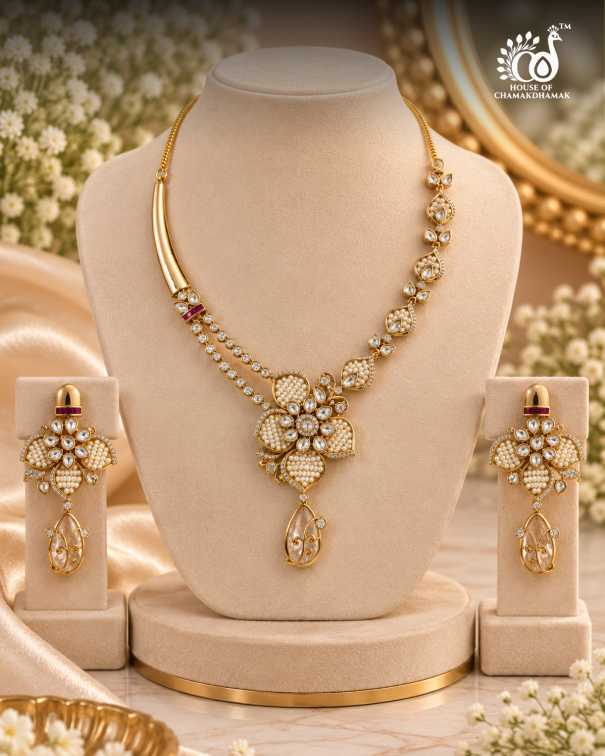 Floral Pearl Necklace Set with Kundan Work and Teardrop Pendant