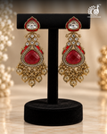 Red Kundan Drop Earrings with Gold Ball Tassel