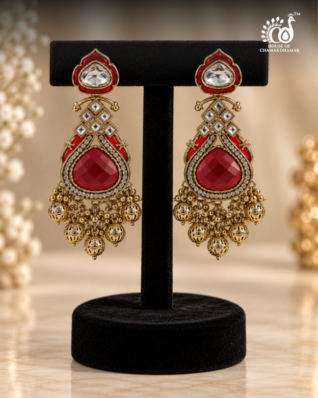 Red Kundan Drop Earrings with Gold Ball Tassel