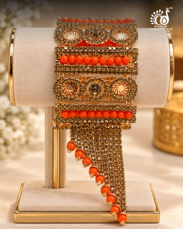 Broad Statement Cuff Bangle with Jarkan Work and Bead Latkan — Free Size