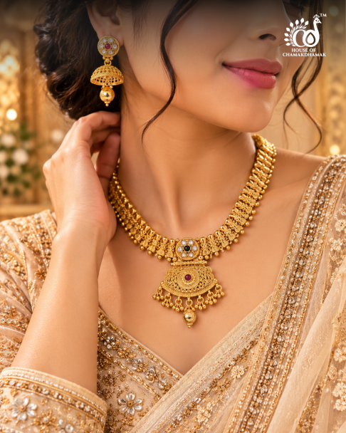 Antique Gold Temple Jewellery Floral Pendant Necklace Set with Jhumkas