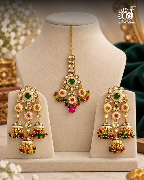 Multicolour Kundan Mang Tikka with Matching Jhumka Earrings Set