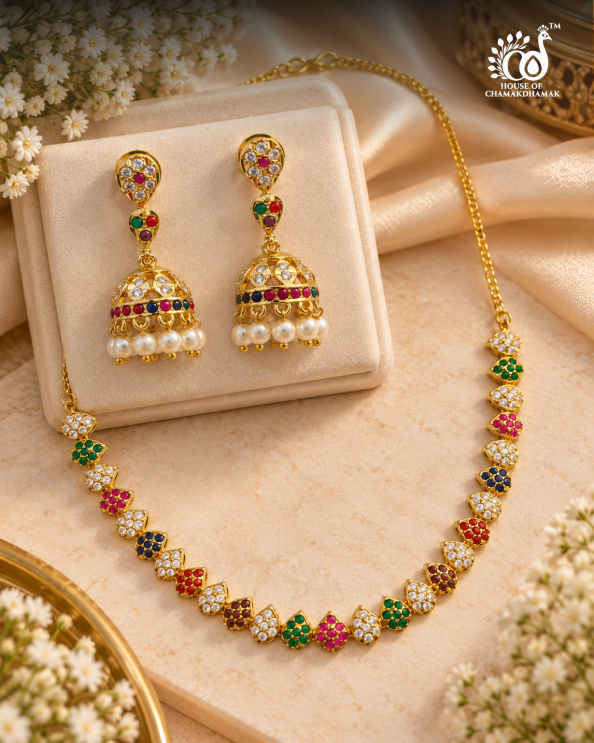 Multicolour Kundan Necklace Set with Jhumka Earrings — 1 gram gold plating