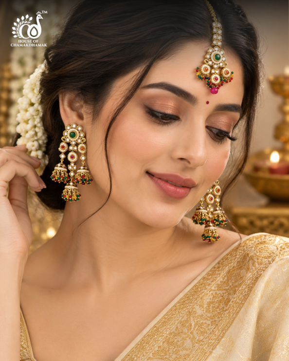 Multicolour Kundan Mang Tikka with Matching Jhumka Earrings Set