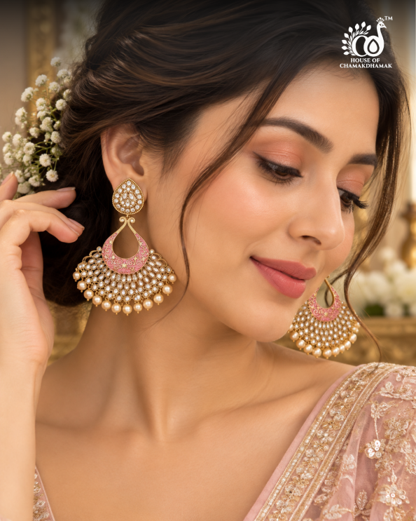 Pink Meenakari Chandbali Earrings with AD Work and Pearl Drops
