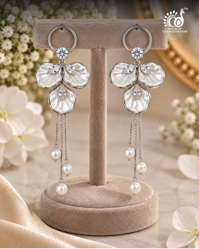 Silver Floral Pearl Tassel Earrings