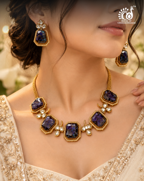 Octagon Purple Doublet Necklace Set with Kundan Work