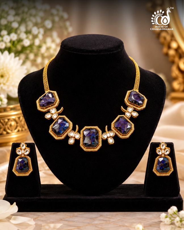 Octagon Purple Doublet Necklace Set with Kundan Work