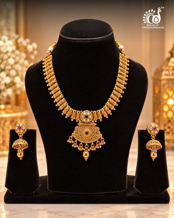 Antique Gold Temple Jewellery Floral Pendant Necklace Set with Jhumkas