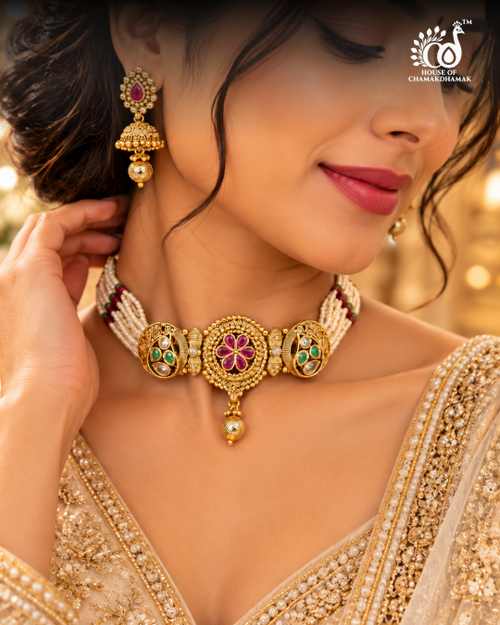 Antique Gold Temple Pearl Choker Set with Ruby Floral Centerpiece and Matching Jhumkas