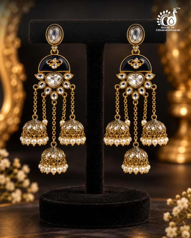 Triple Jhumka Drop Earrings with Kundan Work