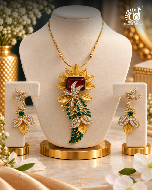 Bird & Leaf Pendant Set with Ruby Centre Stone and AD Work
