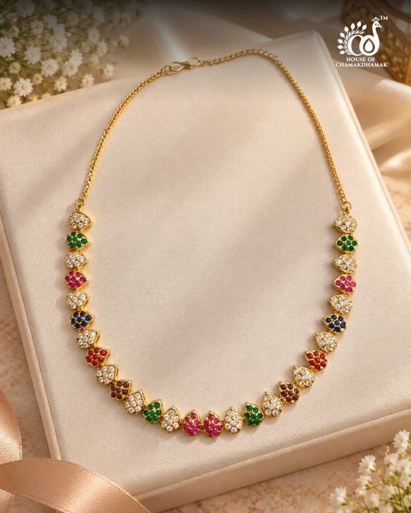 Multicolour Kundan Necklace Set with Jhumka Earrings — 1 gram gold plating