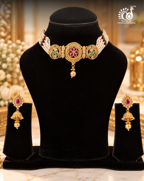 Antique Gold Temple Pearl Choker Set with Ruby Floral Centerpiece and Matching Jhumkas