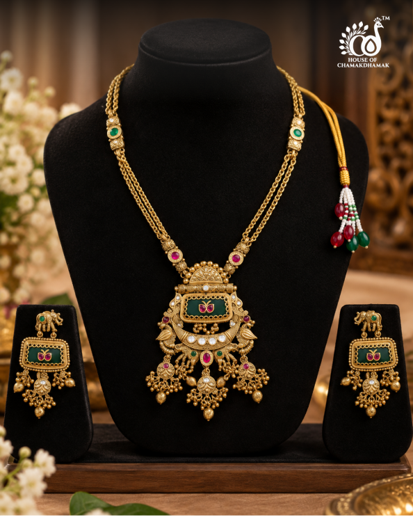 Antique Gold Temple Jewellery Necklace Set with Meenakari Work