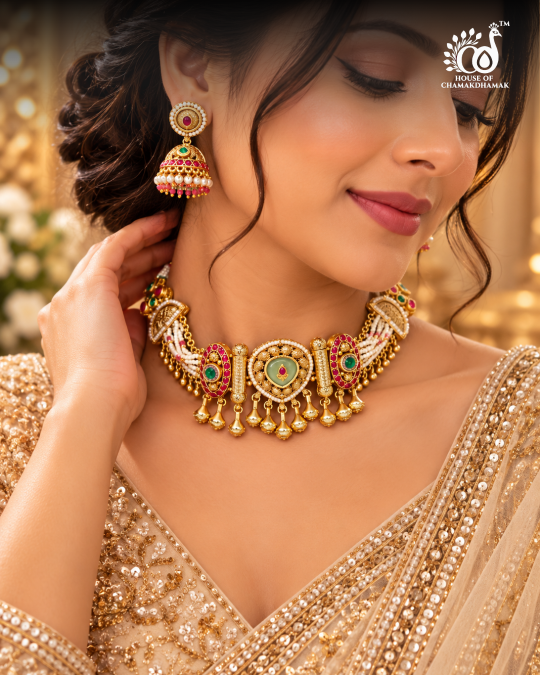 Antique Gold Temple Choker Set with Mint Green Centerpiece, Ruby Medallions and Pearl Jhumkas