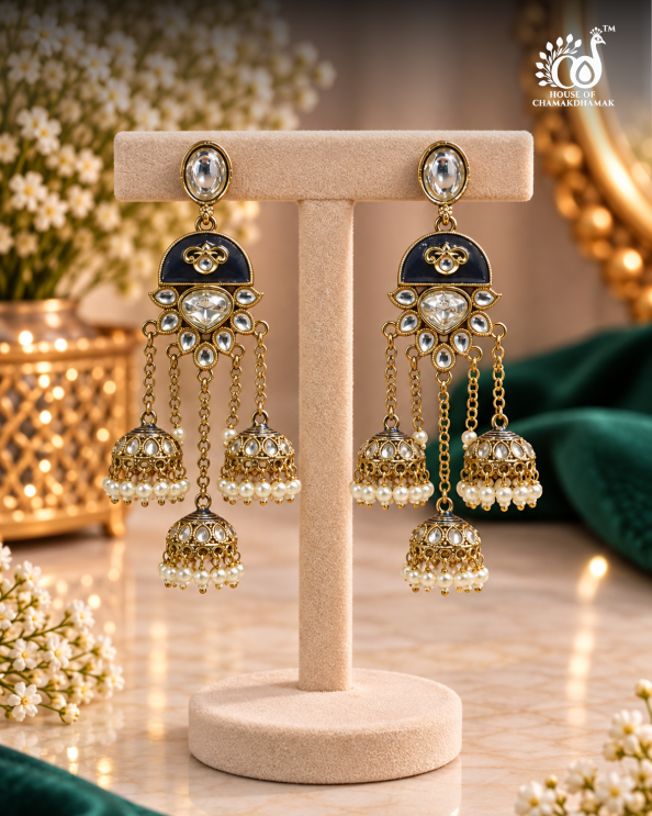 Triple Jhumka Drop Earrings with Kundan Work