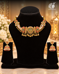 Antique Gold Temple Choker Set with Mint Green Centerpiece, Ruby Medallions and Pearl Jhumkas