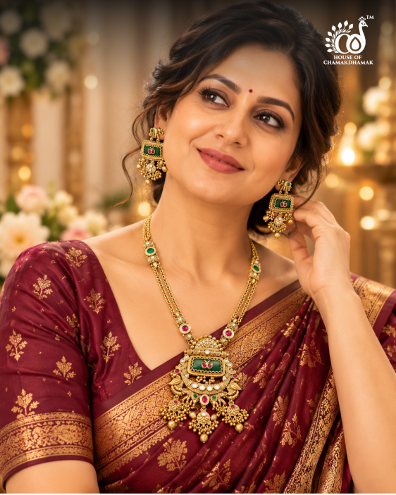 Antique Gold Temple Jewellery Necklace Set with Meenakari Work