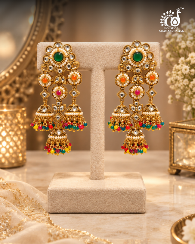 Multicolour Kundan Mang Tikka with Matching Jhumka Earrings Set