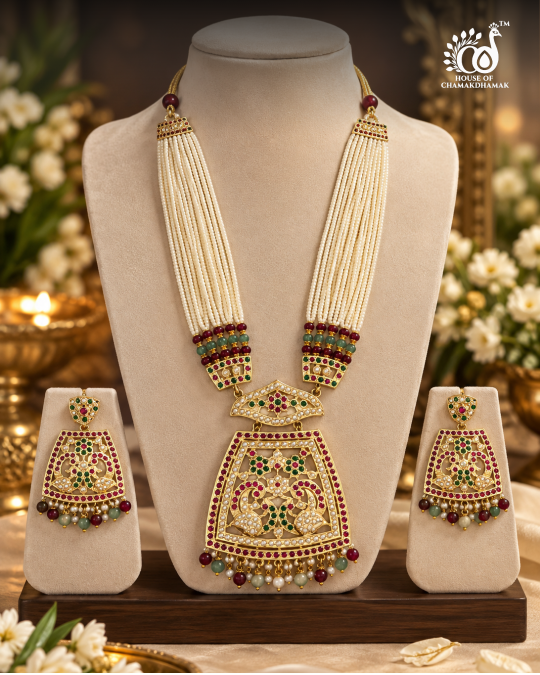 Multi-Strand Pearl Necklace Set with 1 Gram Gold Polish Pendant in Jadau Style