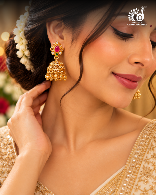 Gold Tone Temple Jhumka Earrings with Ruby Pear Stud and Golden Bead Drops