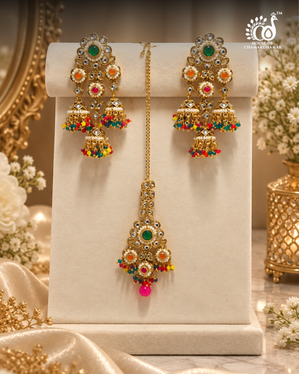 Multicolour Kundan Mang Tikka with Matching Jhumka Earrings Set