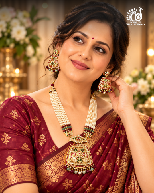 Multi-Strand Pearl Necklace Set with 1 Gram Gold Polish Pendant in Jadau Style