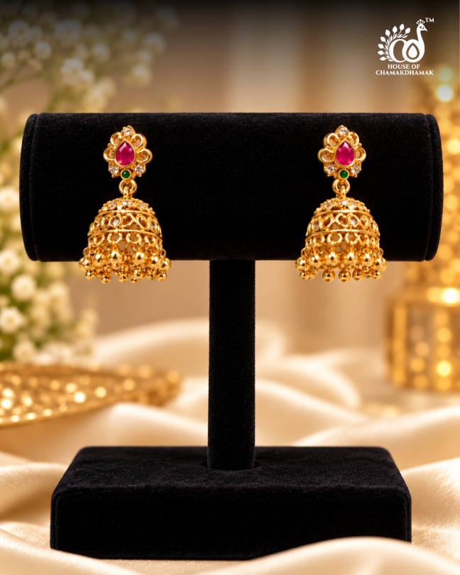 Gold Tone Temple Jhumka Earrings with Ruby Pear Stud and Golden Bead Drops