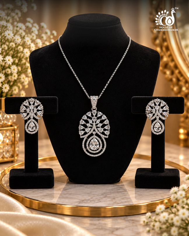 Sunrise AD Pendant Set and Matching Earrings — Silver Tone