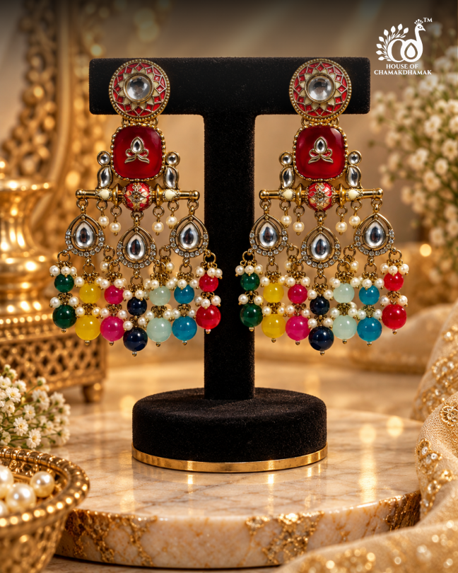Bead Tassel Earrings with Kundan Work